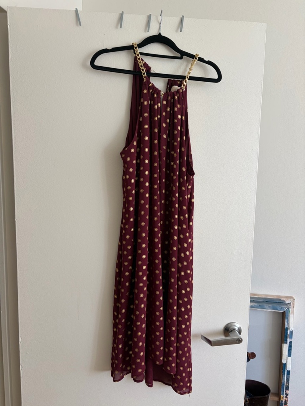 Michael Kors Burgundy Dress with Gold Dot Print and Chain Straps